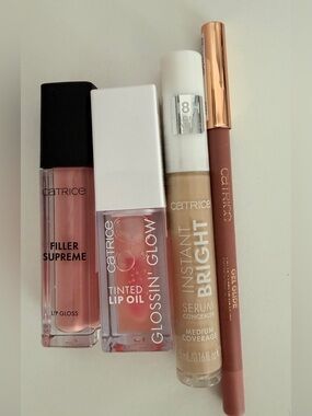 Catrice Gel Glide liner, instant bright concealer, filler supreme gloss, lip oil